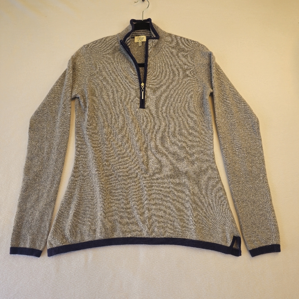 Clover By Bobby Jones Womans Silver Sparkle Sweater with‎ Navy BlueTrim Size M